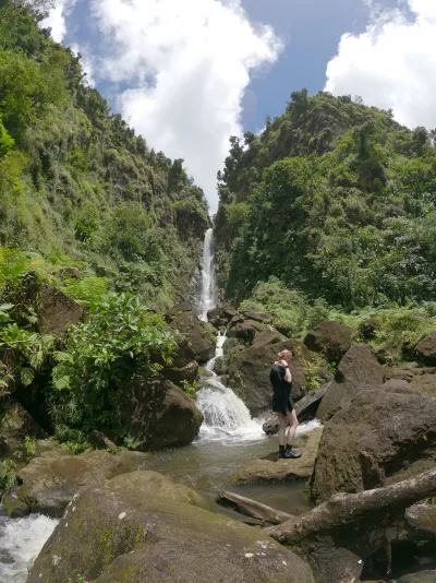 Massive boulders and riverbed below the twin falls, twin falls dominica scramble route for adventurous visitors beyond the platform, Dominica.