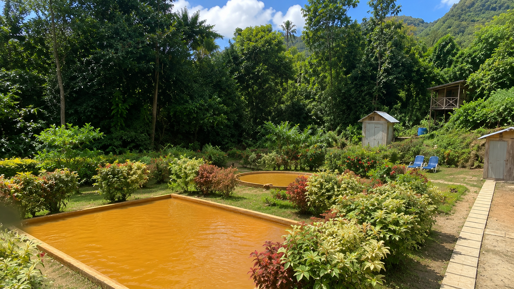 Sulphur pools steaming at Bamboozay Sulphur Baths near Soufrière, bamboozay sulphur baths with mineral terraces in rainforest above Roseau Valley, Dominica.