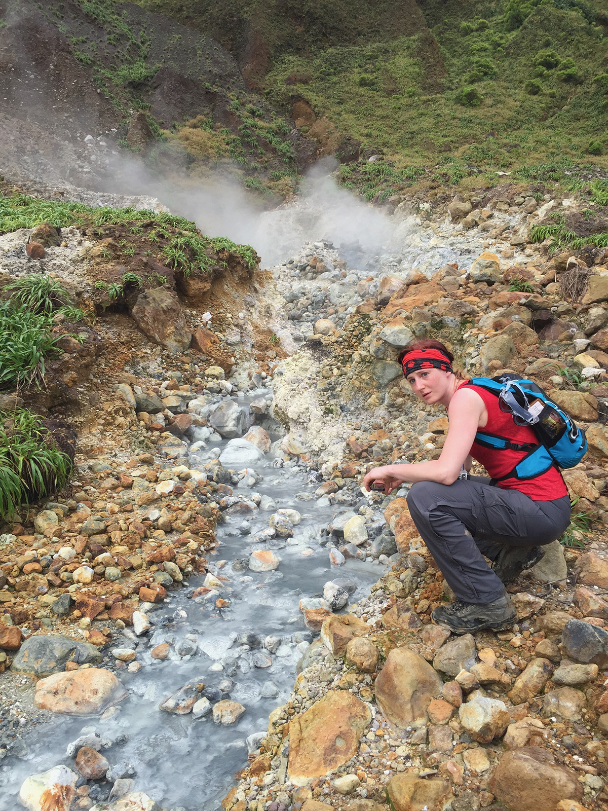 Fumaroles and steaming ground near the Boiling Lake rim, geothermal features surrounding the boiling lake dominica crater, Dominica.