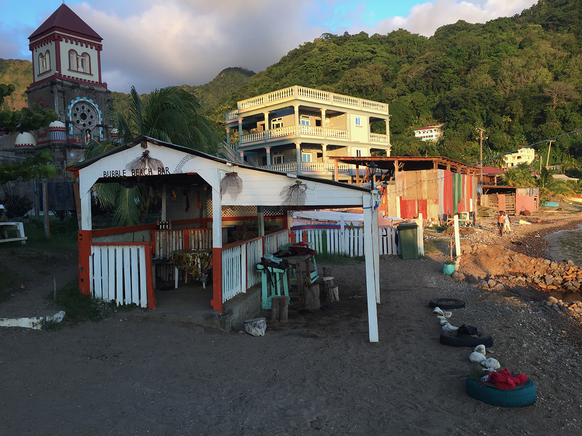 Wide view of Bubbles Beach bay opening toward the Caribbean, underwater caldera edge scenery on Dominica’s south-west coast, Dominica.