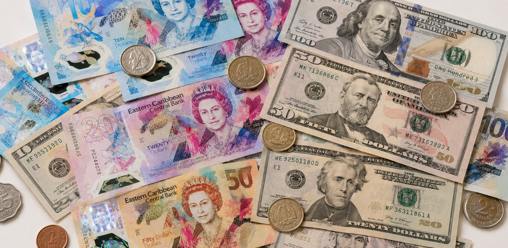 Eastern Caribbean Dollar (XCD) banknotes on a table — the dominica currency shared with neighbouring Eastern Caribbean states and used daily island-wide.