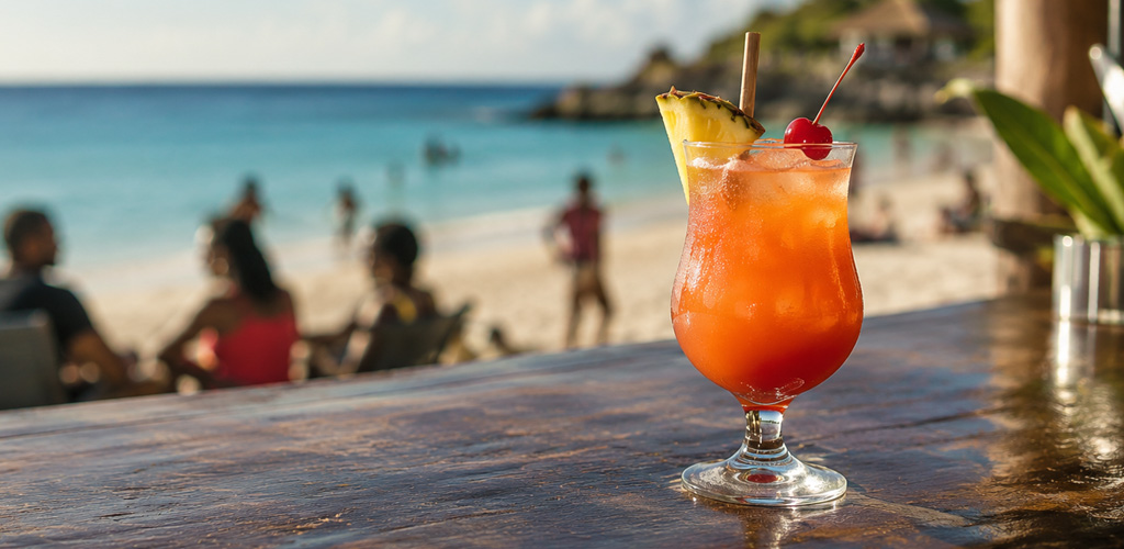 Market table with bakes, saltfish, tropical fruit, and fresh juice — dominican food staples visitors taste in Roseau markets and village cook-ups island-wide.