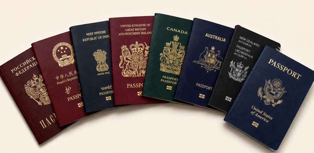 An open passport beside stamps at an immigration counter, illustrating dominica visa requirements for visitors clearing entry by air or ferry to Dominica.