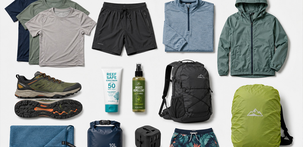 Daypack laid open with reef-safe sunscreen, rain shell, and trail shoes — what to pack for dominica rainforest humidity, sudden showers, and rugged hikes.