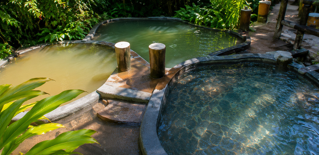 Steam drifting from mineral-stained pools at Wotten Waven village hot springs, wotten waven hot springs set among rainforest ferns above Roseau Valley.